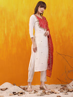 Sequined Embroidered & Applique Patch Kurta With Pant & Printed Dupatta, White - Hiral Fashion | Grocsy