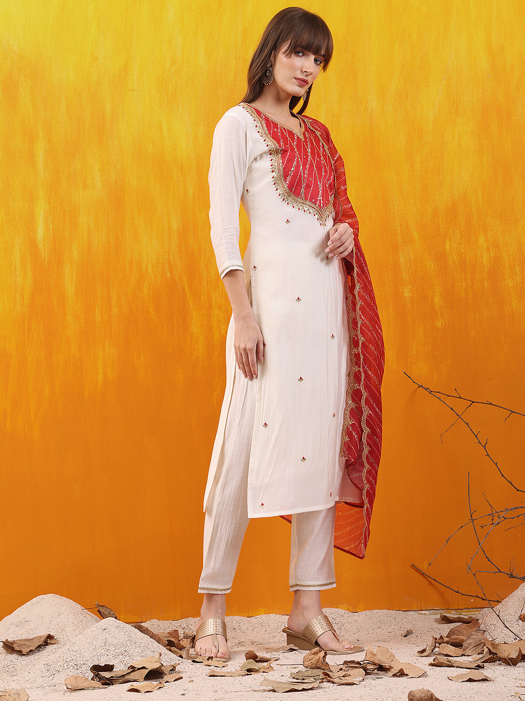 Sequined Embroidered & Applique Patch Kurta With Pant & Printed Dupatta, White - Hiral Fashion | Grocsy