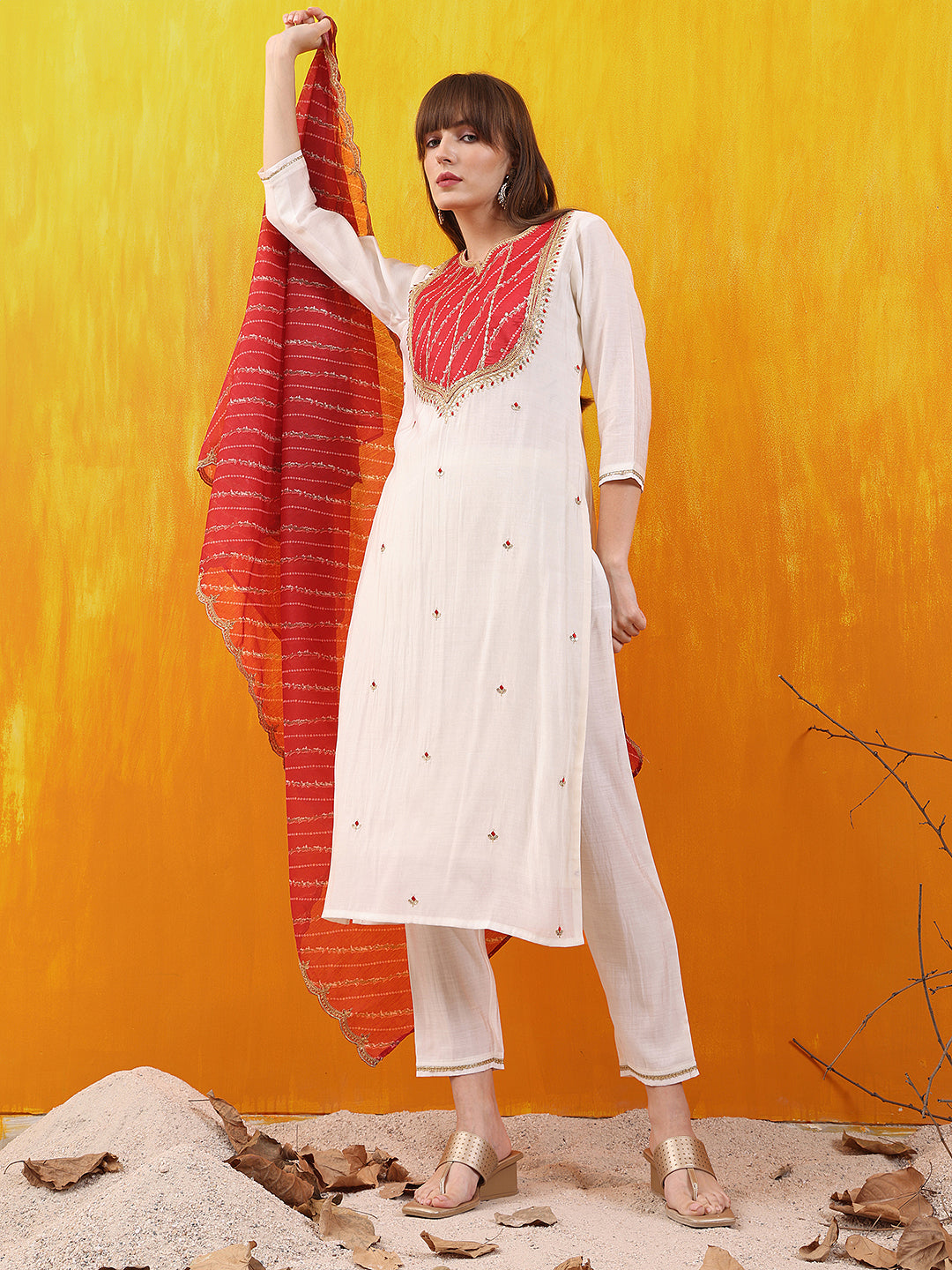 Sequined Embroidered & Applique Patch Kurta With Pant & Printed Dupatta, White - Hiral Fashion | Grocsy