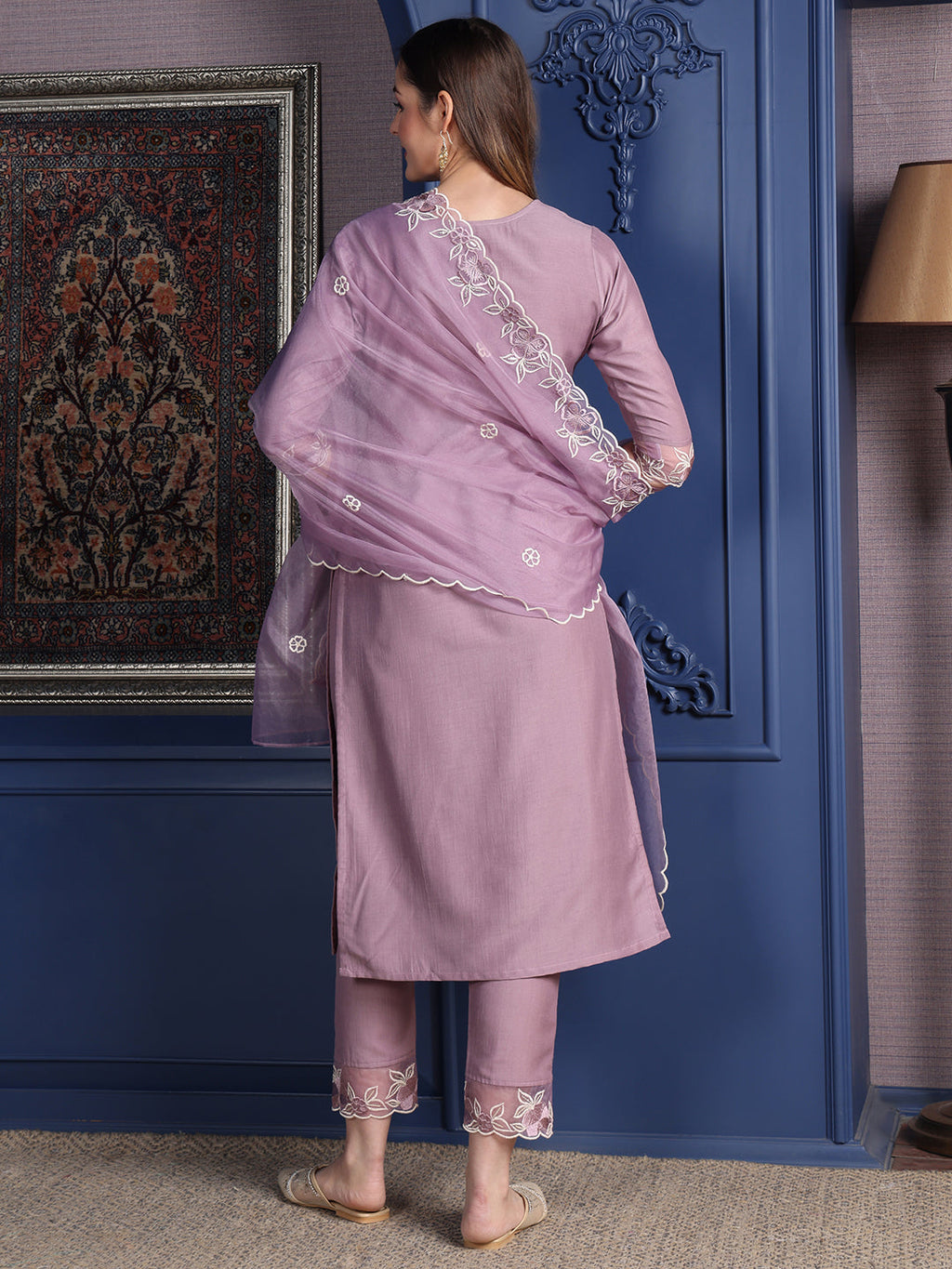Embroidered Kurta With Pant & Organza Embroidered Dupatta, Lavender - Hiral Fashion | Grocsy