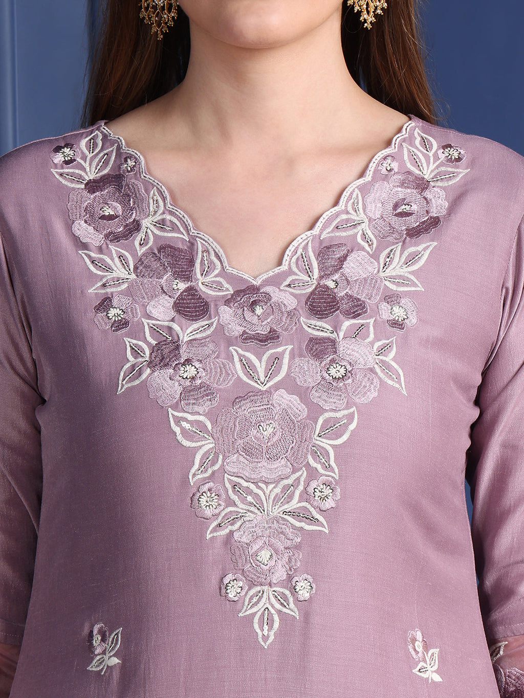 Embroidered Kurta With Pant & Organza Embroidered Dupatta, Lavender - Hiral Fashion | Grocsy
