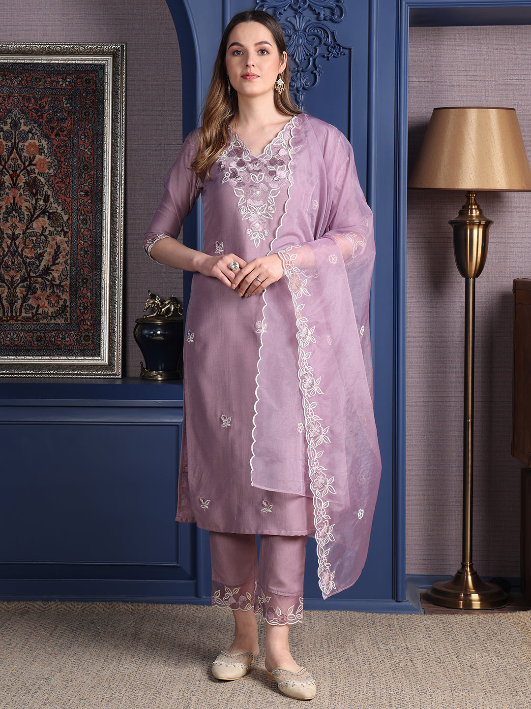 Embroidered Kurta With Pant & Organza Embroidered Dupatta, Lavender - Hiral Fashion | Grocsy