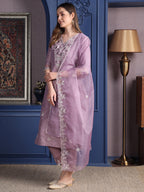 Embroidered Kurta With Pant & Organza Embroidered Dupatta, Lavender - Hiral Fashion | Grocsy