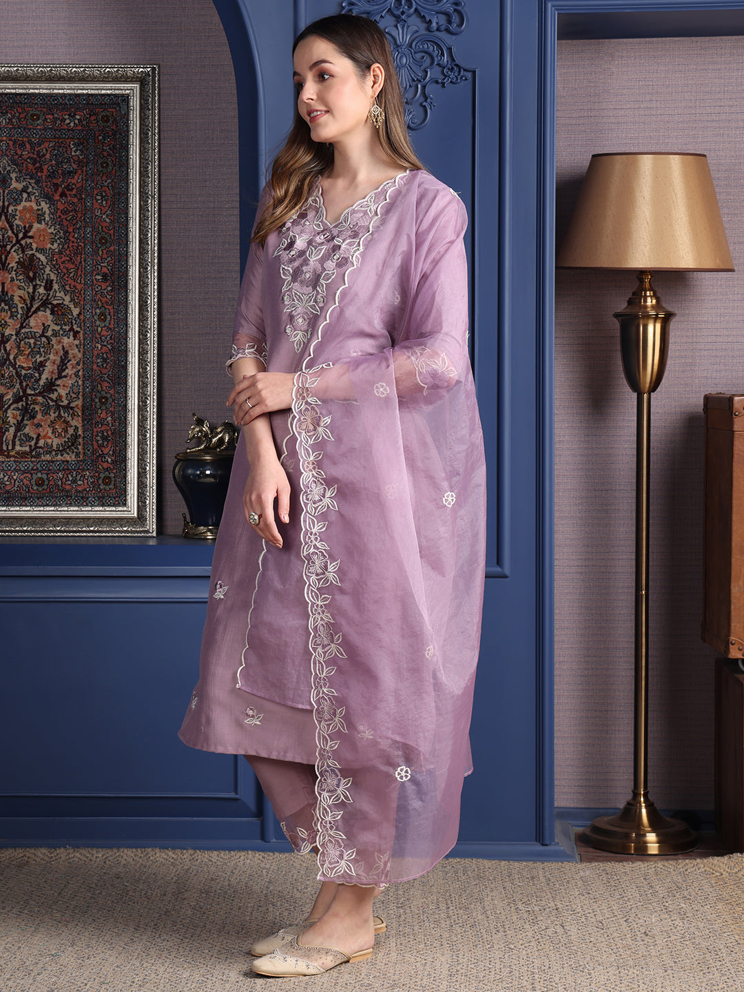 Embroidered Kurta With Pant & Organza Embroidered Dupatta, Lavender - Hiral Fashion | Grocsy