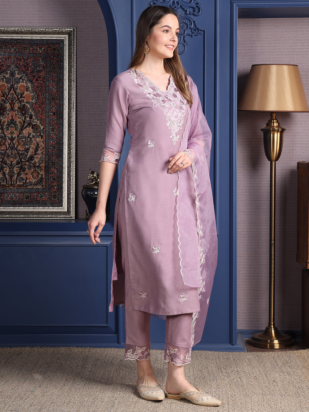 Embroidered Kurta With Pant & Organza Embroidered Dupatta, Lavender - Hiral Fashion | Grocsy