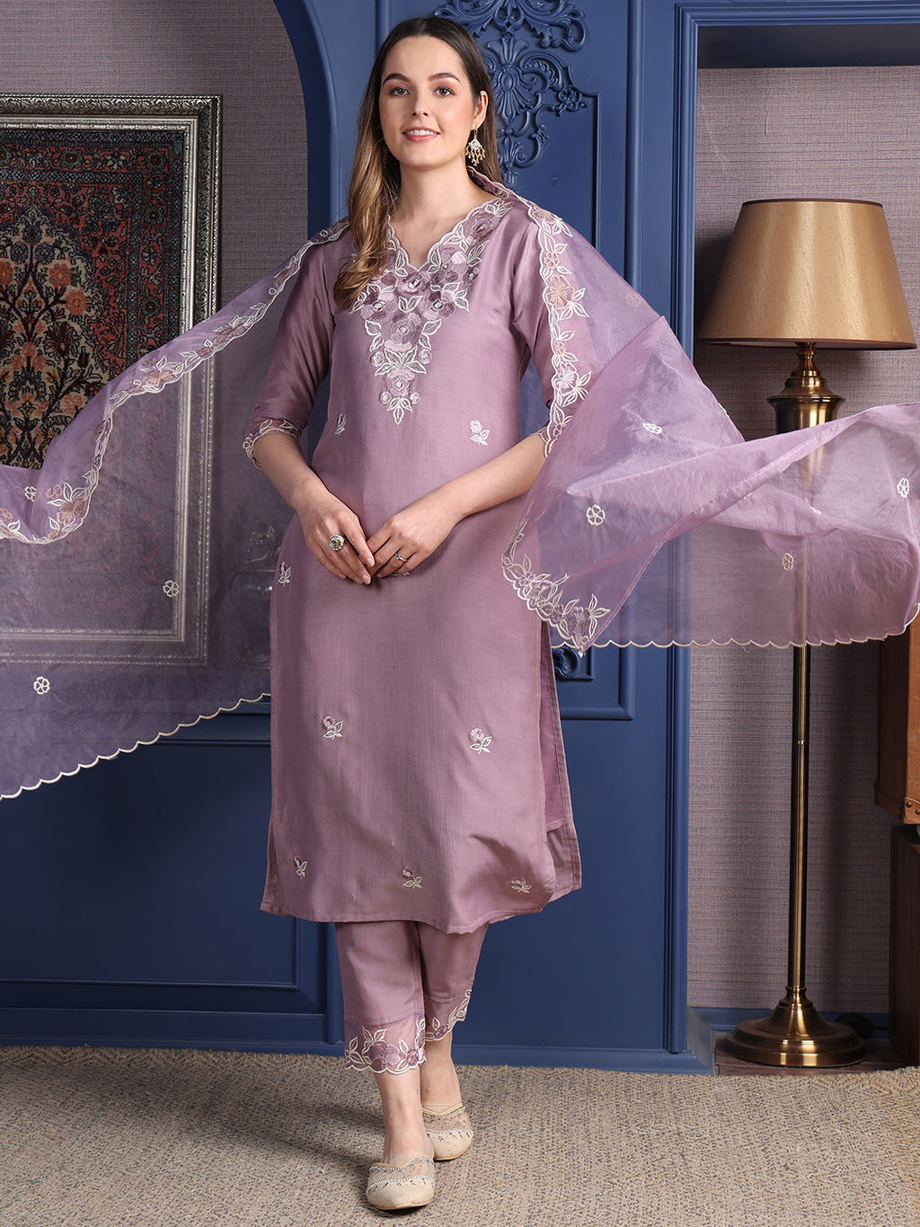 Embroidered Kurta With Pant & Organza Embroidered Dupatta, Lavender - Hiral Fashion | Grocsy