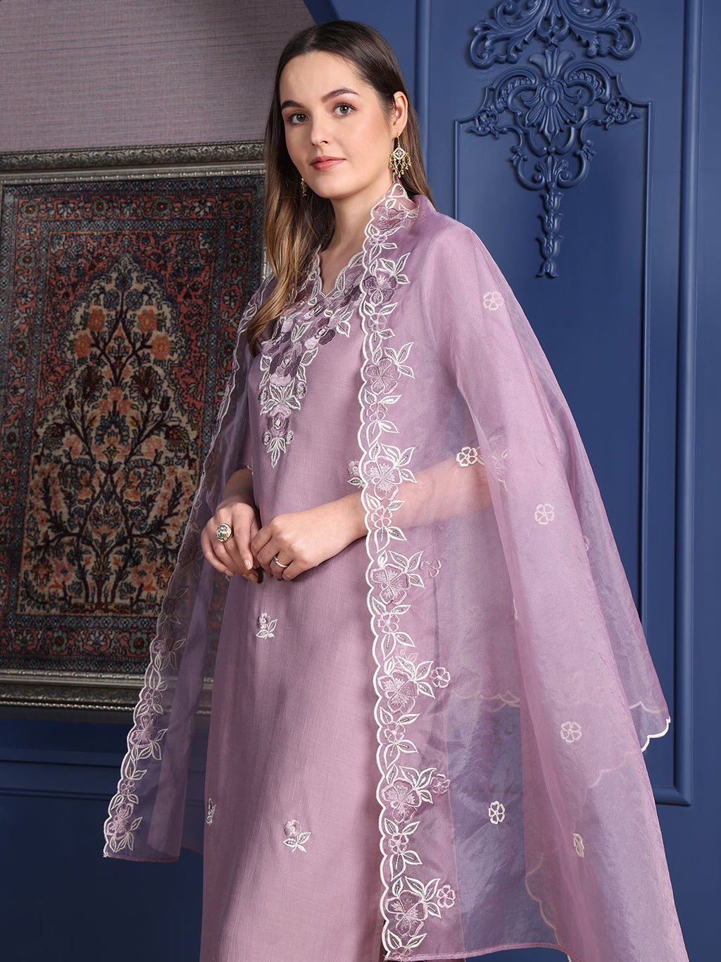 Embroidered Kurta With Pant & Organza Embroidered Dupatta, Lavender - Hiral Fashion | Grocsy