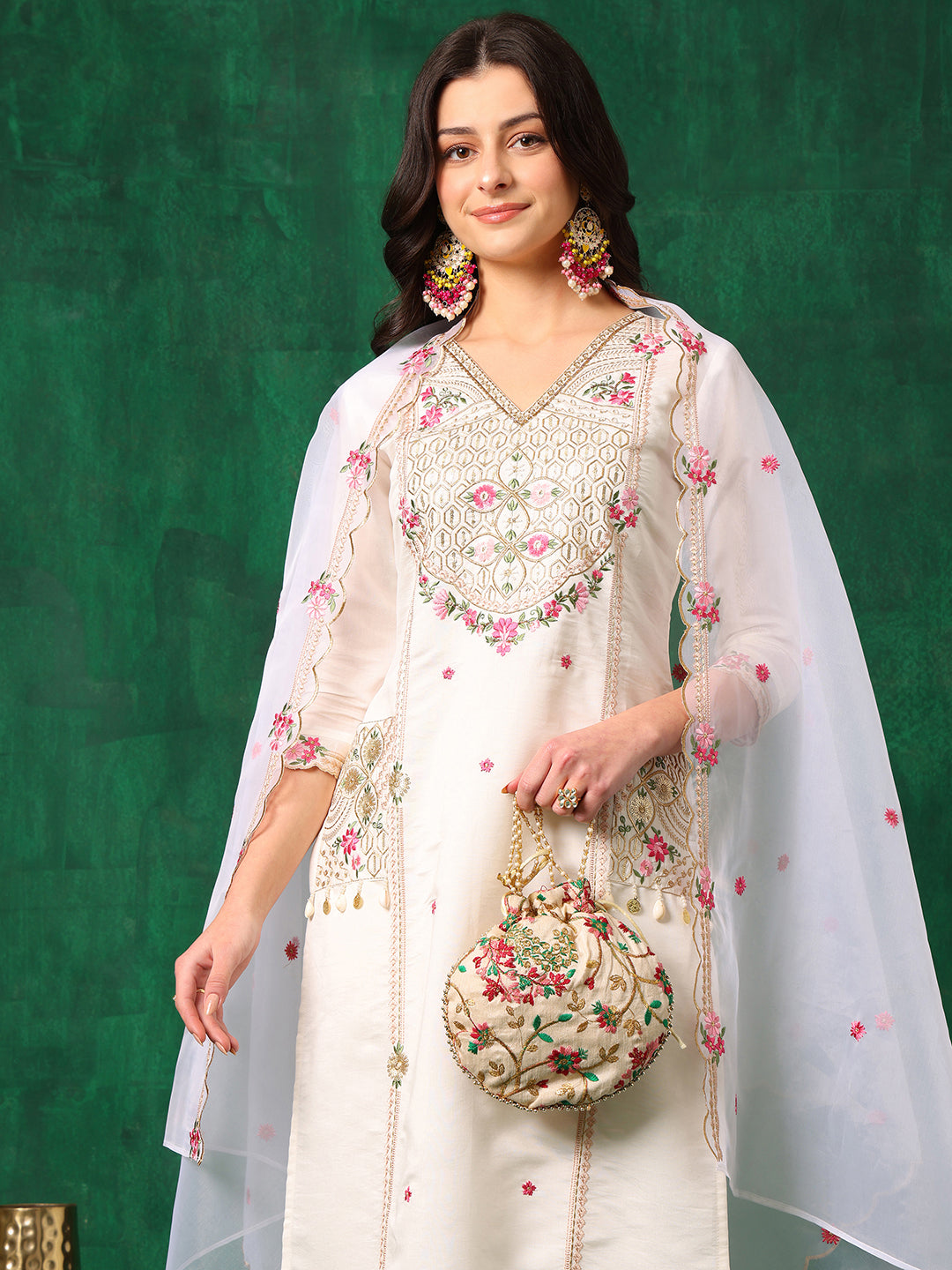 Embroidered Kurta With Pant & Embroidered Organza Dupatta, White - Hiral Fashion | Grocsy
