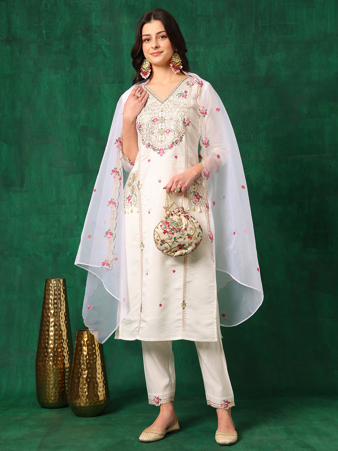 Embroidered Kurta With Pant & Embroidered Organza Dupatta, White - Hiral Fashion | Grocsy