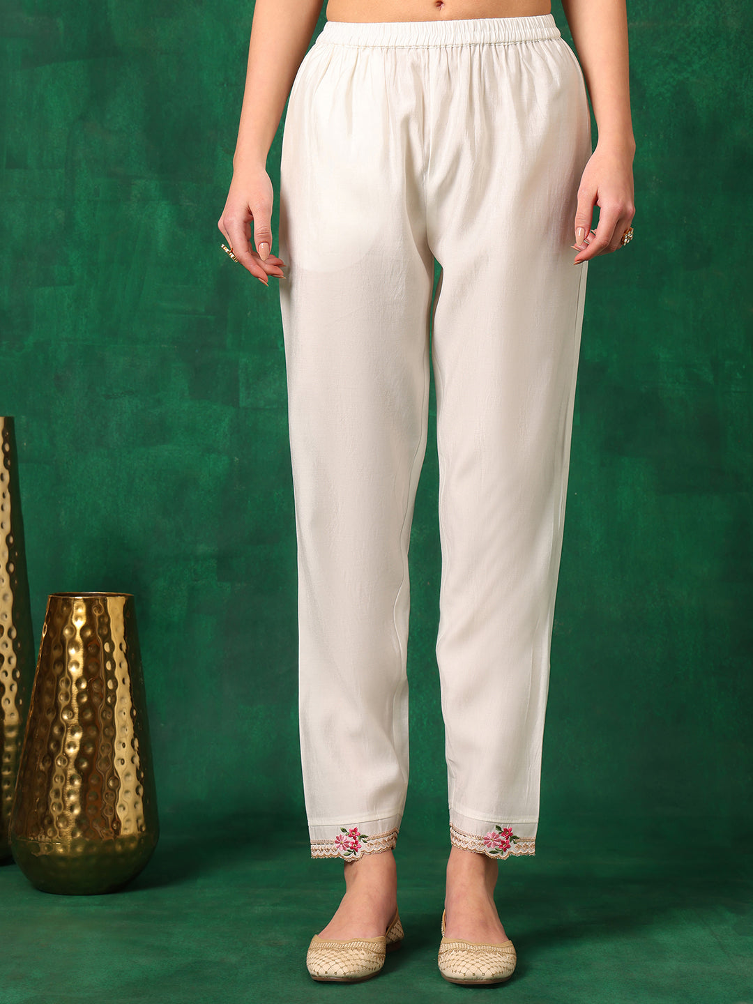 Embroidered Kurta With Pant & Embroidered Organza Dupatta, White - Hiral Fashion | Grocsy