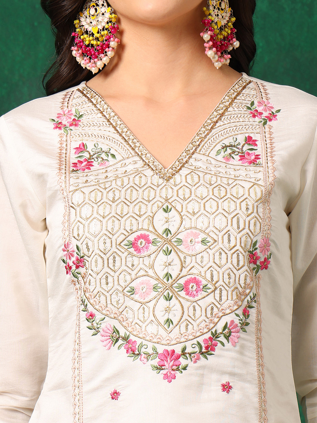 Embroidered Kurta With Pant & Embroidered Organza Dupatta, White - Hiral Fashion | Grocsy
