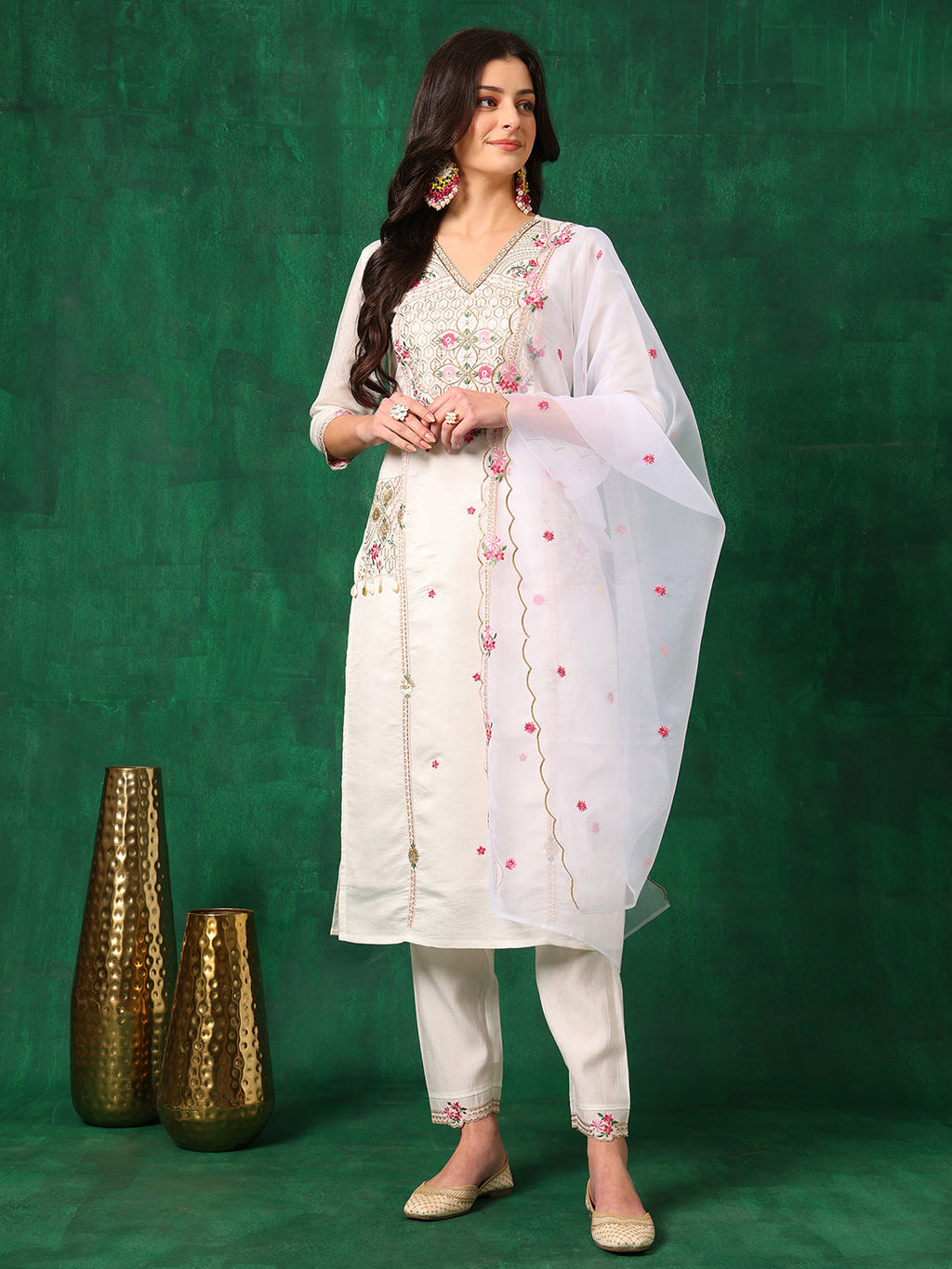 Embroidered Kurta With Pant & Embroidered Organza Dupatta, White - Hiral Fashion | Grocsy