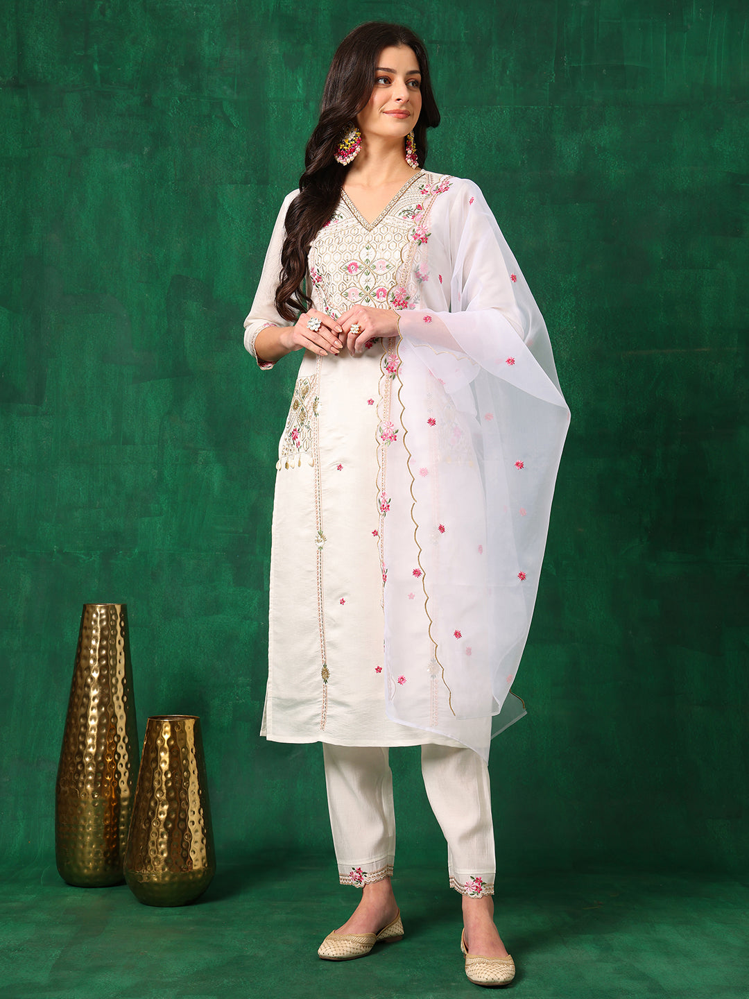 Embroidered Kurta With Pant & Embroidered Organza Dupatta, White - Hiral Fashion | Grocsy