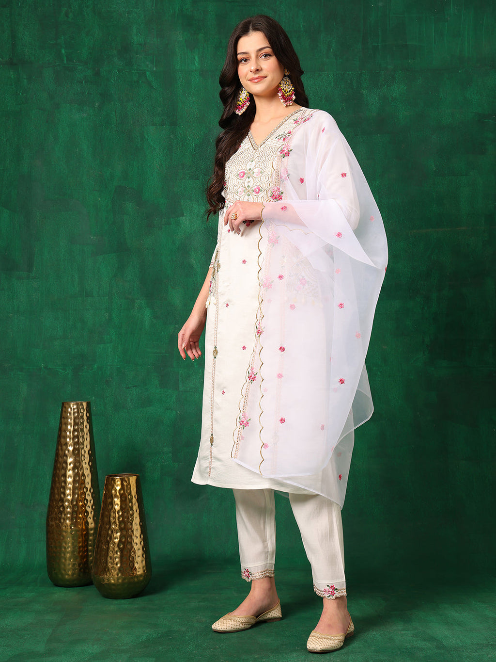 Embroidered Kurta With Pant & Embroidered Organza Dupatta, White - Hiral Fashion | Grocsy