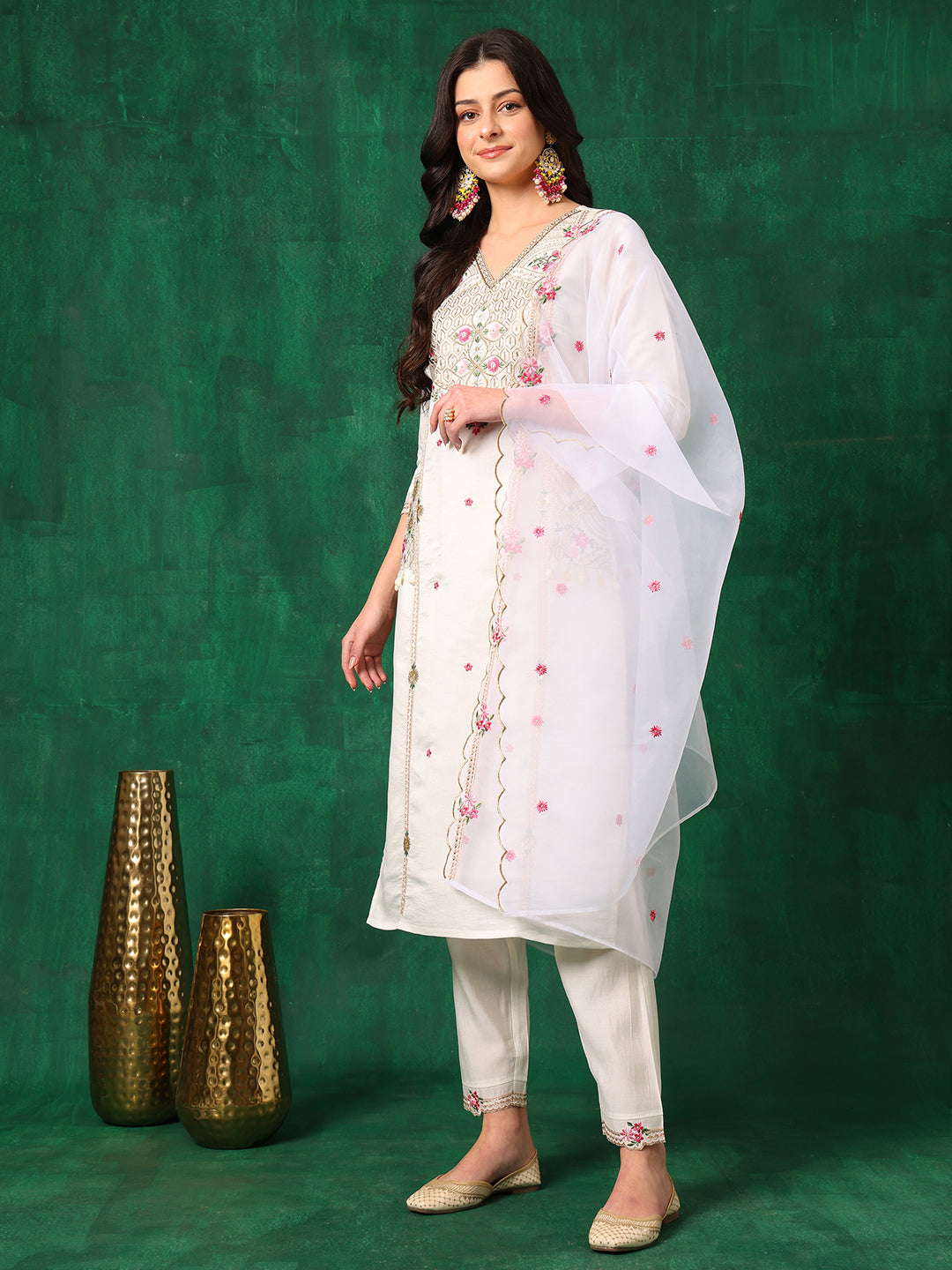 Embroidered Kurta With Pant & Embroidered Organza Dupatta, White - Hiral Fashion | Grocsy