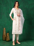 Embroidered Kurta With Pant & Embroidered Organza Dupatta, White - Hiral Fashion | Grocsy