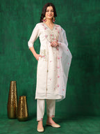 Embroidered Kurta With Pant & Embroidered Organza Dupatta, White - Hiral Fashion | Grocsy