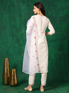 Embroidered Kurta With Pant & Embroidered Organza Dupatta, White - Hiral Fashion | Grocsy