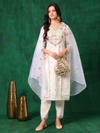 Embroidered Kurta With Pant & Embroidered Organza Dupatta, White - Hiral Fashion | Grocsy