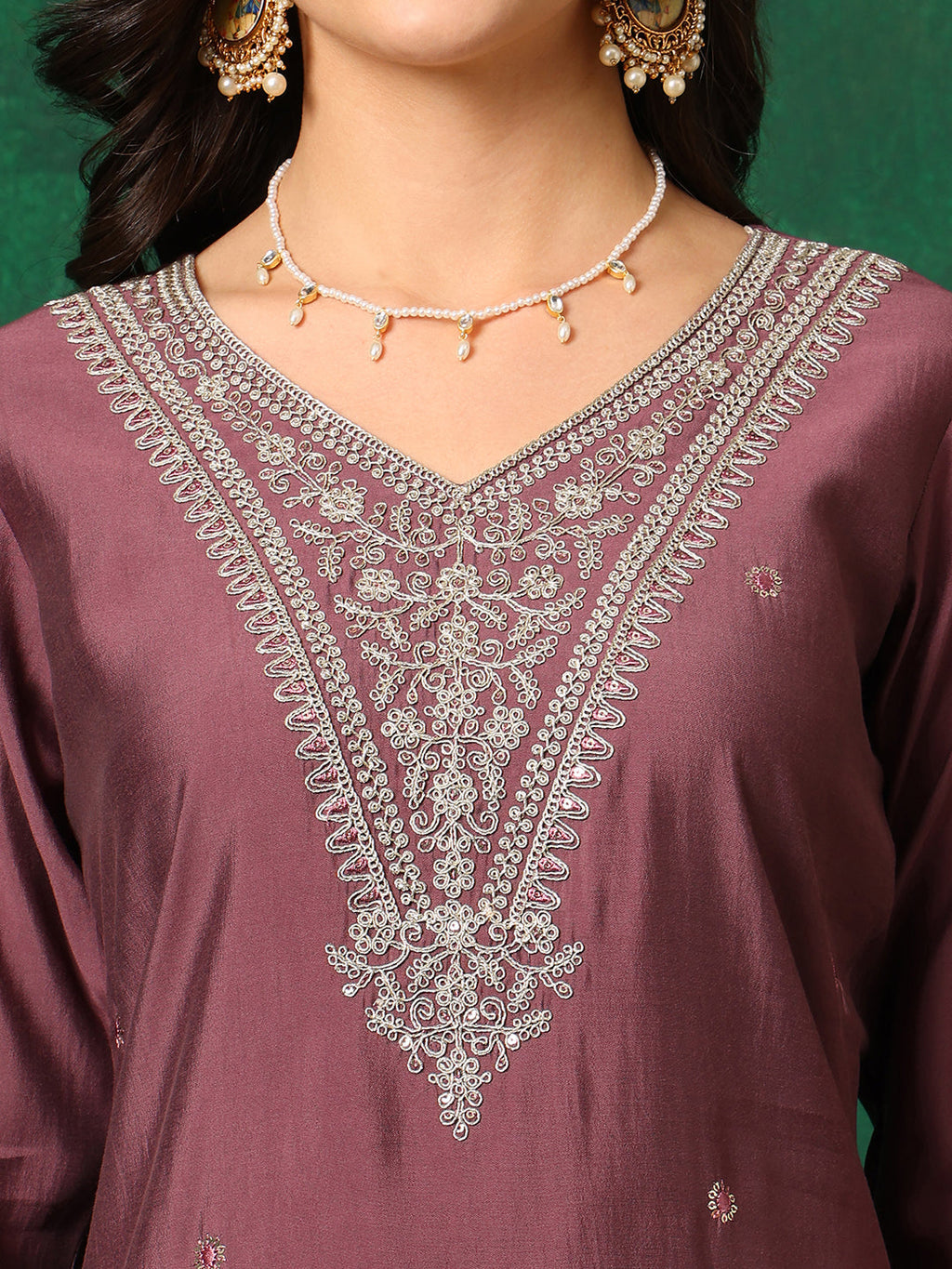 Sequined Embroidered Kurta With Pant & Printed Dupatta, Mauve - Hiral Fashion | Grocsy