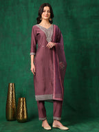 Sequined Embroidered Kurta With Pant & Printed Dupatta, Mauve - Hiral Fashion | Grocsy