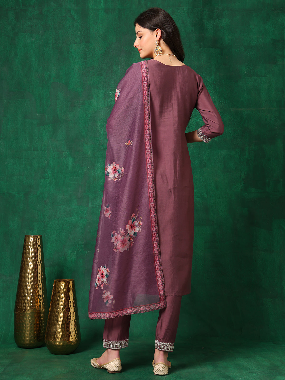 Sequined Embroidered Kurta With Pant & Printed Dupatta, Mauve - Hiral Fashion | Grocsy