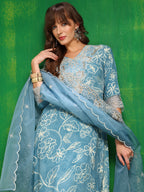 Embroidered & Floral Printed Kurta With Palazzo Pant & Embroidered Dupatta, Aqua-Blue - Hiral Fashion | Grocsy