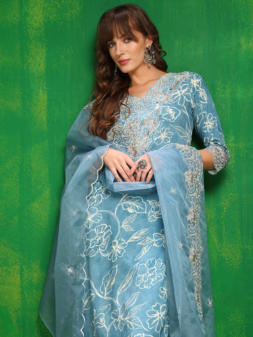 Embroidered & Floral Printed Kurta With Palazzo Pant & Embroidered Dupatta, Aqua-Blue - Hiral Fashion | Grocsy