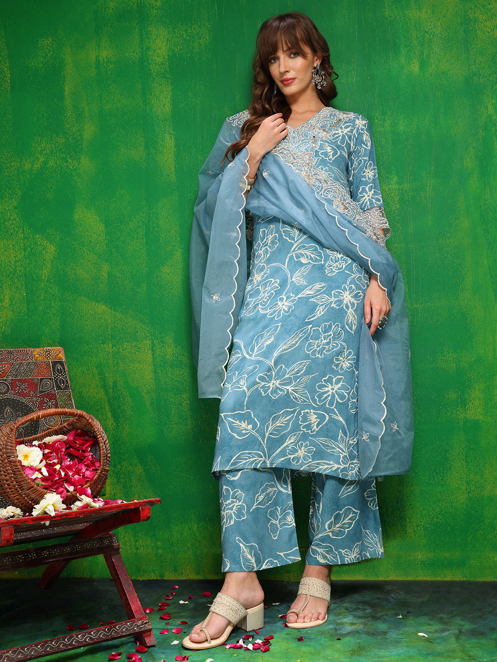 Embroidered & Floral Printed Kurta With Palazzo Pant & Embroidered Dupatta, Aqua-Blue - Hiral Fashion | Grocsy