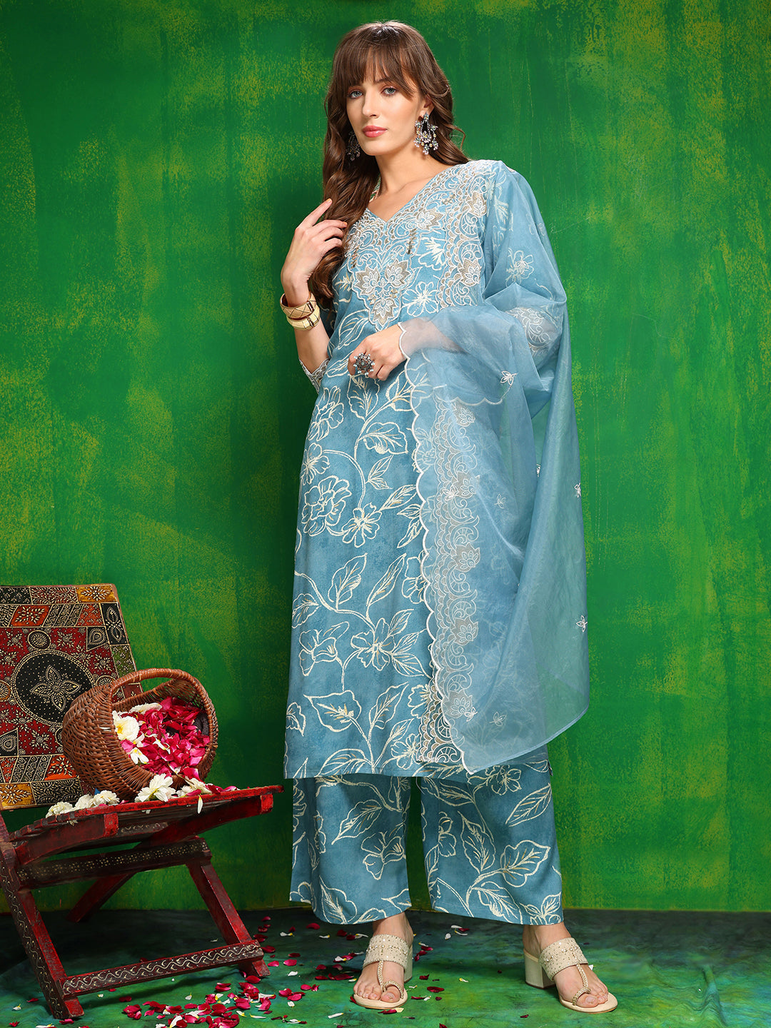 Embroidered & Floral Printed Kurta With Palazzo Pant & Embroidered Dupatta, Aqua-Blue - Hiral Fashion | Grocsy