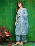 Embroidered & Floral Printed Kurta With Palazzo Pant & Embroidered Dupatta, Aqua-Blue - Hiral Fashion | Grocsy