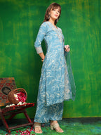 Embroidered & Floral Printed Kurta With Palazzo Pant & Embroidered Dupatta, Aqua-Blue - Hiral Fashion | Grocsy