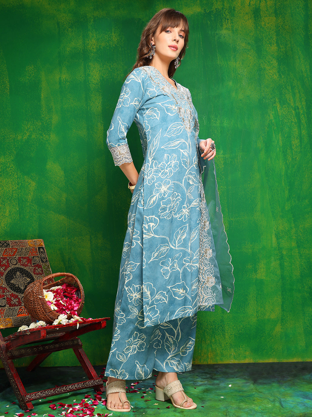 Embroidered & Floral Printed Kurta With Palazzo Pant & Embroidered Dupatta, Aqua-Blue - Hiral Fashion | Grocsy