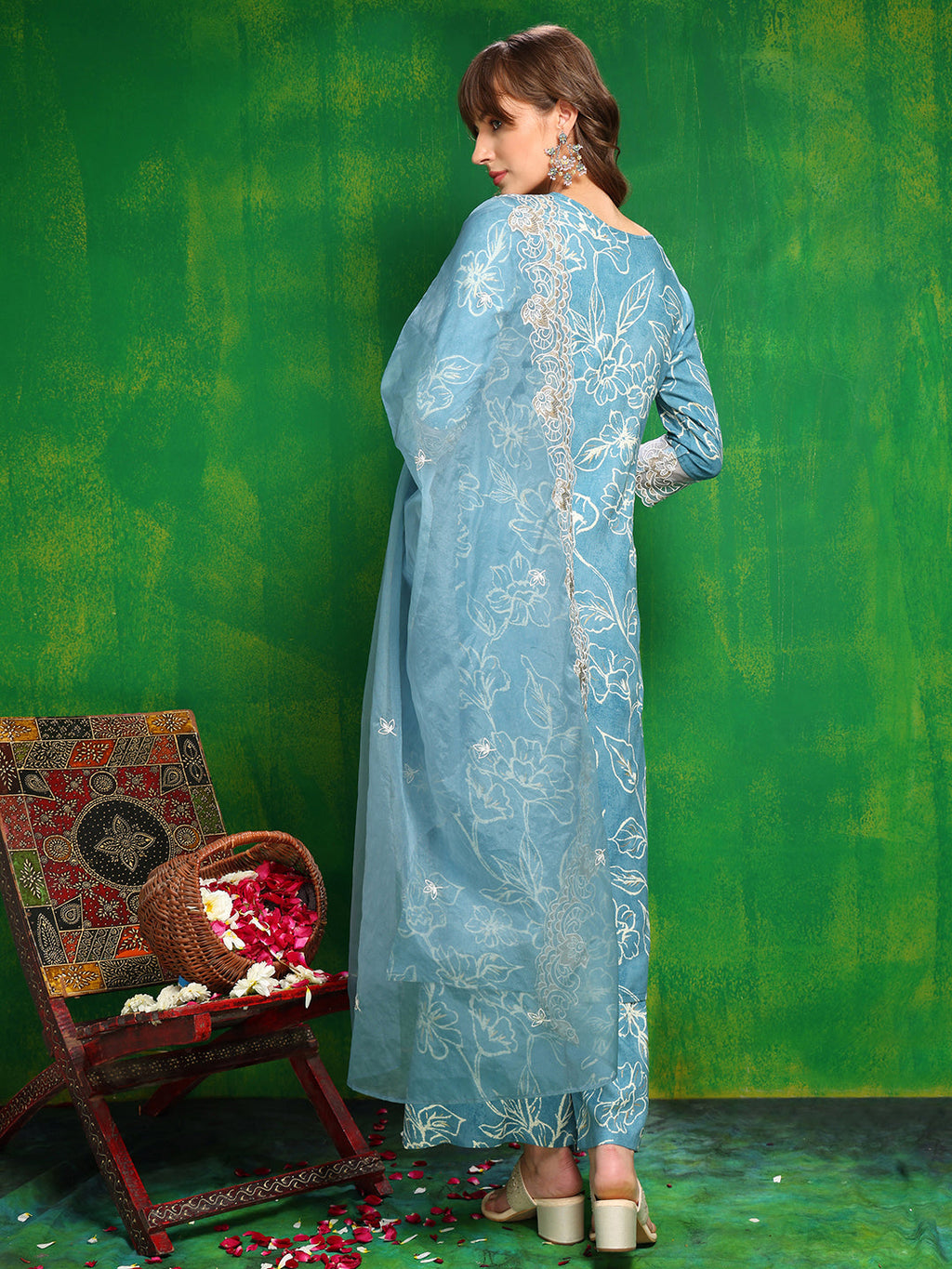 Embroidered & Floral Printed Kurta With Palazzo Pant & Embroidered Dupatta, Aqua-Blue - Hiral Fashion | Grocsy
