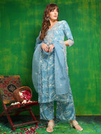 Embroidered & Floral Printed Kurta With Palazzo Pant & Embroidered Dupatta, Aqua-Blue - Hiral Fashion | Grocsy