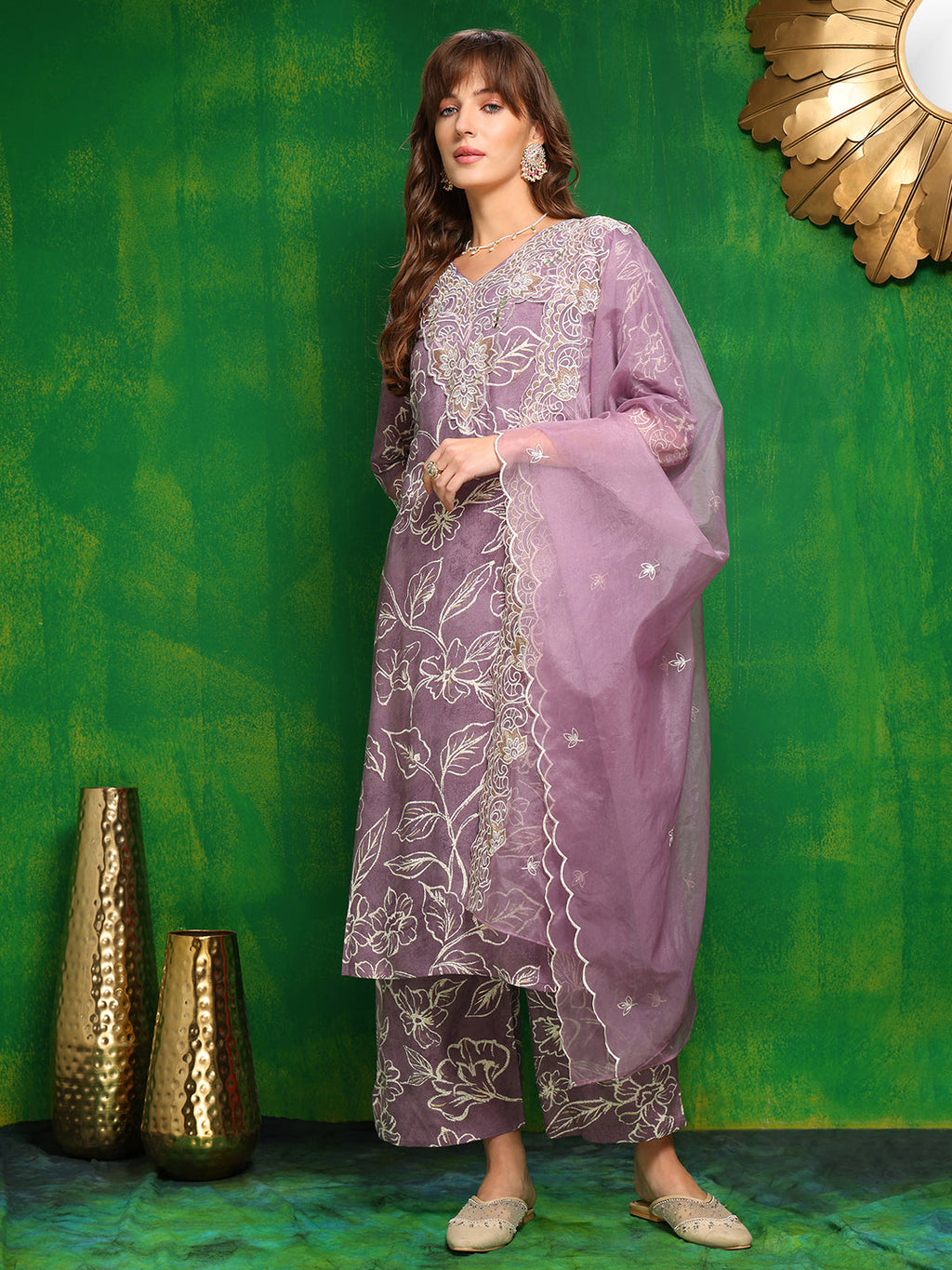 Embroidered & Floral Printed Kurta With Palazzo Pant & Embroidered Dupatta, Lavender - Hiral Fashion | Grocsy