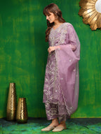 Embroidered & Floral Printed Kurta With Palazzo Pant & Embroidered Dupatta, Lavender - Hiral Fashion | Grocsy
