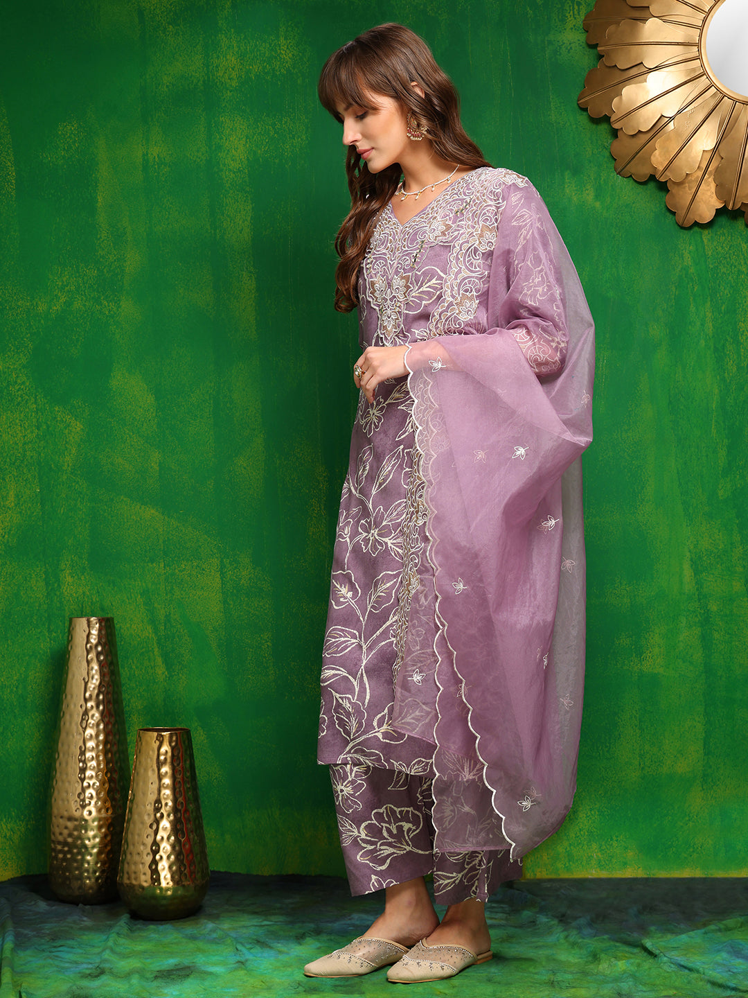 Embroidered & Floral Printed Kurta With Palazzo Pant & Embroidered Dupatta, Lavender - Hiral Fashion | Grocsy
