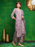 Embroidered & Floral Printed Kurta With Palazzo Pant & Embroidered Dupatta, Lavender - Hiral Fashion | Grocsy