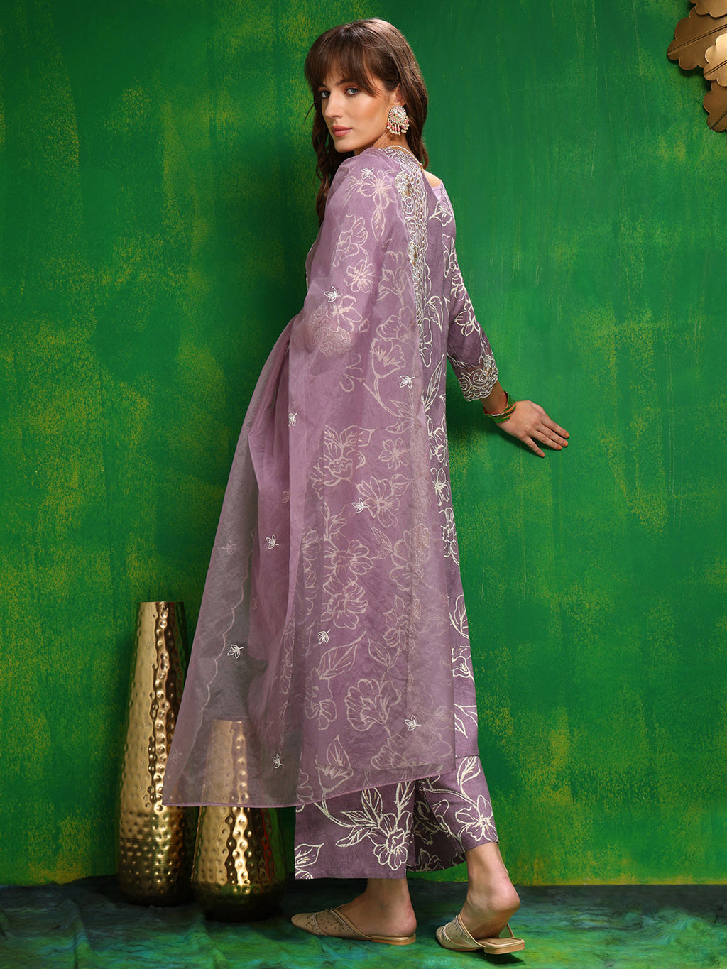 Embroidered & Floral Printed Kurta With Palazzo Pant & Embroidered Dupatta, Lavender - Hiral Fashion | Grocsy