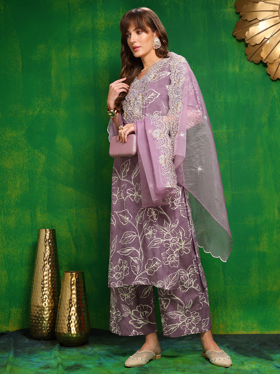 Embroidered & Floral Printed Kurta With Palazzo Pant & Embroidered Dupatta, Lavender - Hiral Fashion | Grocsy