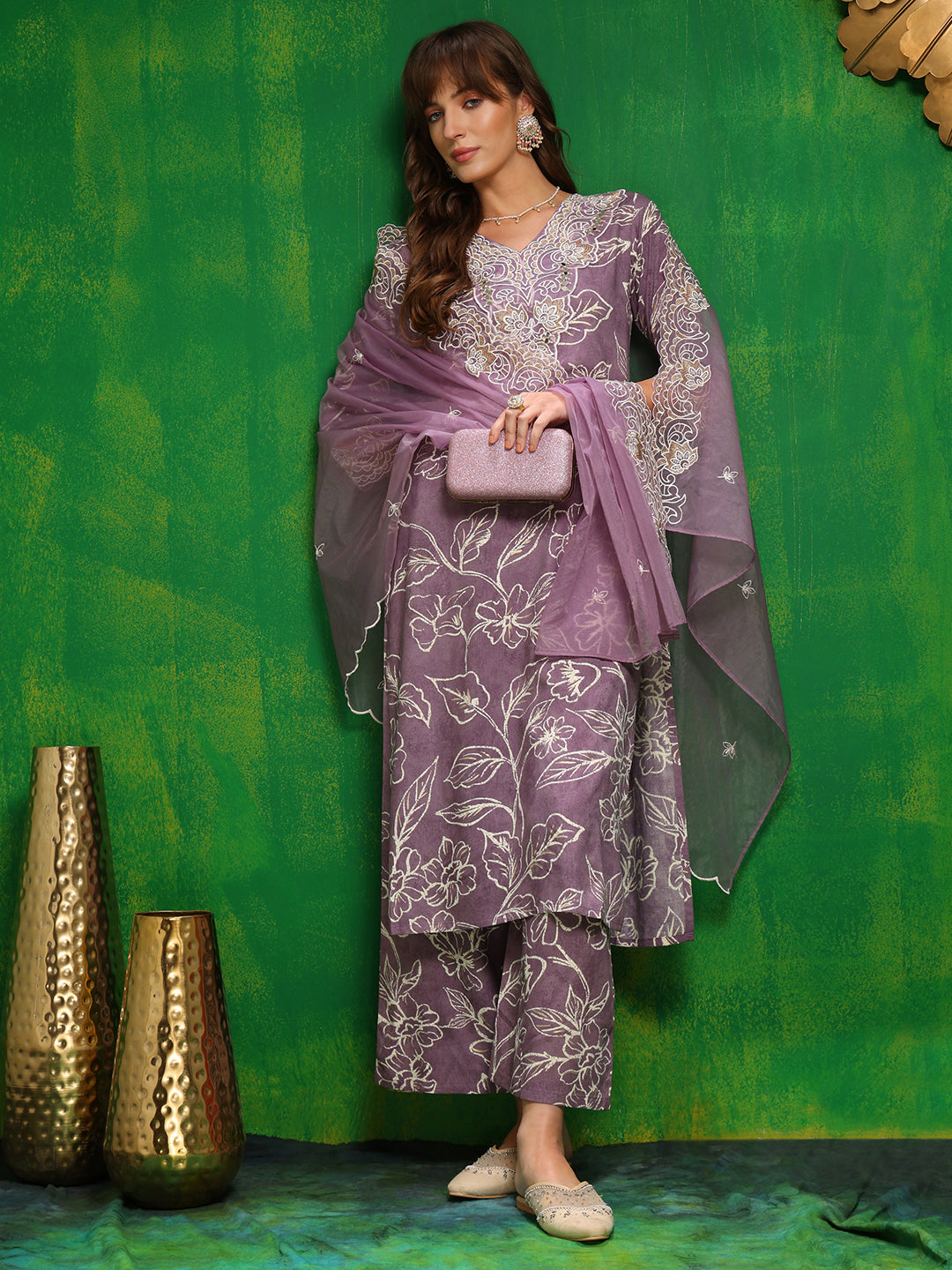 Embroidered & Floral Printed Kurta With Palazzo Pant & Embroidered Dupatta, Lavender - Hiral Fashion | Grocsy