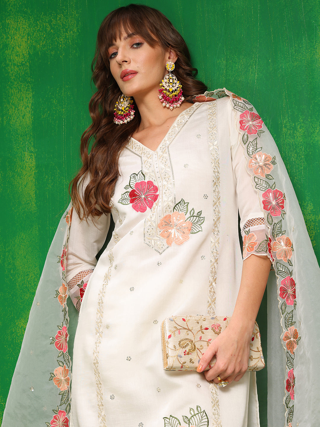 Sequined & Thread Embroidered Kurta With Pant & Embroidered Dupatta, White - Hiral Fashion | Grocsy