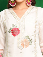 Sequined & Thread Embroidered Kurta With Pant & Embroidered Dupatta, White - Hiral Fashion | Grocsy