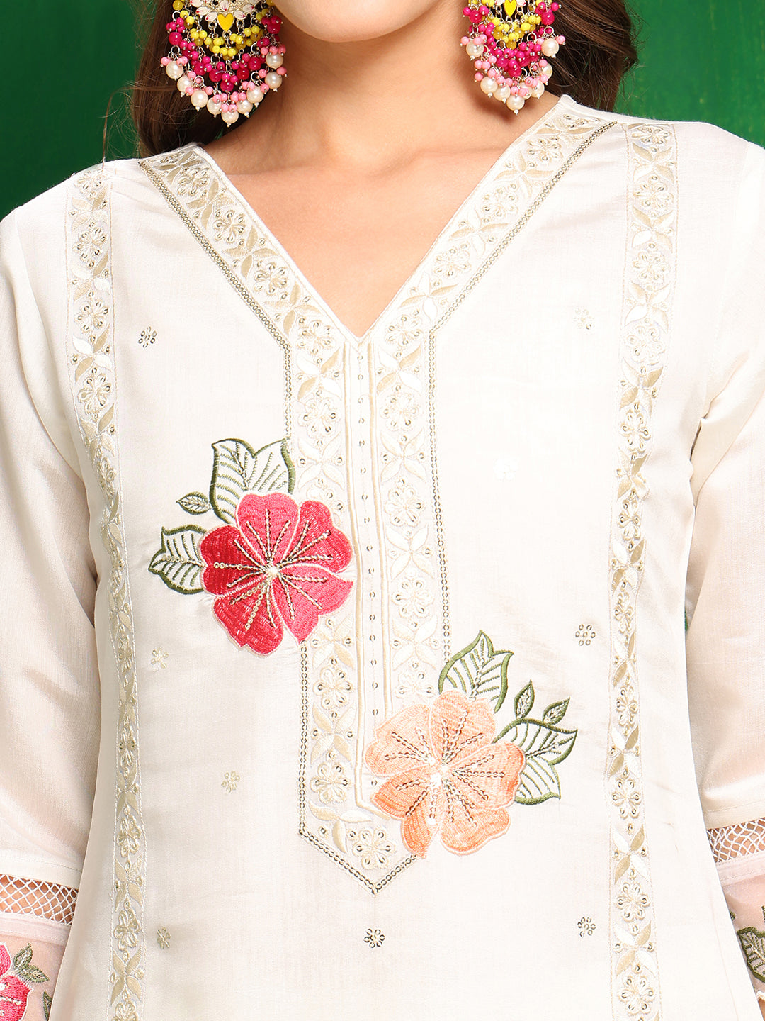 Sequined & Thread Embroidered Kurta With Pant & Embroidered Dupatta, White - Hiral Fashion | Grocsy