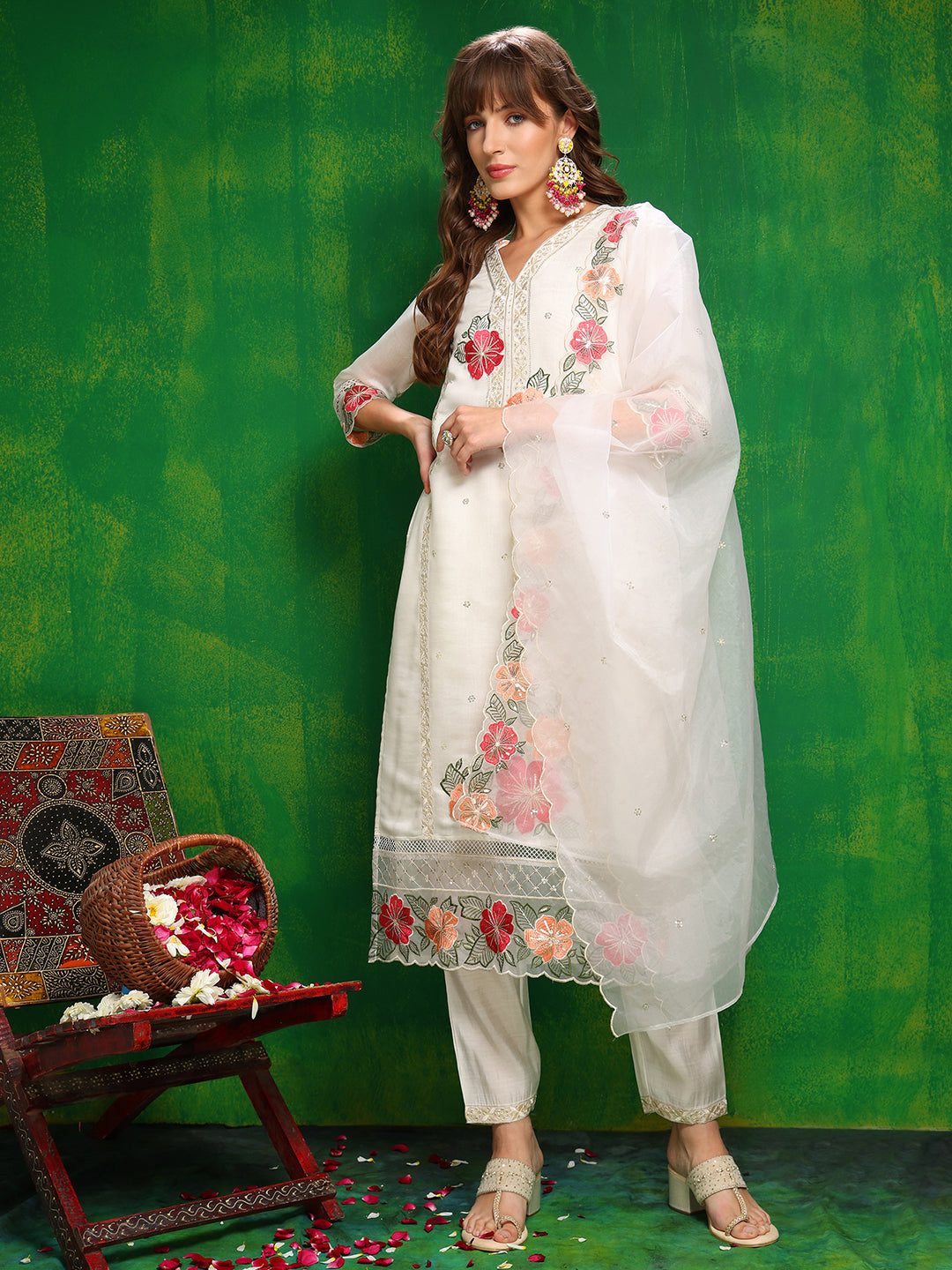 Sequined & Thread Embroidered Kurta With Pant & Embroidered Dupatta, White - Hiral Fashion | Grocsy