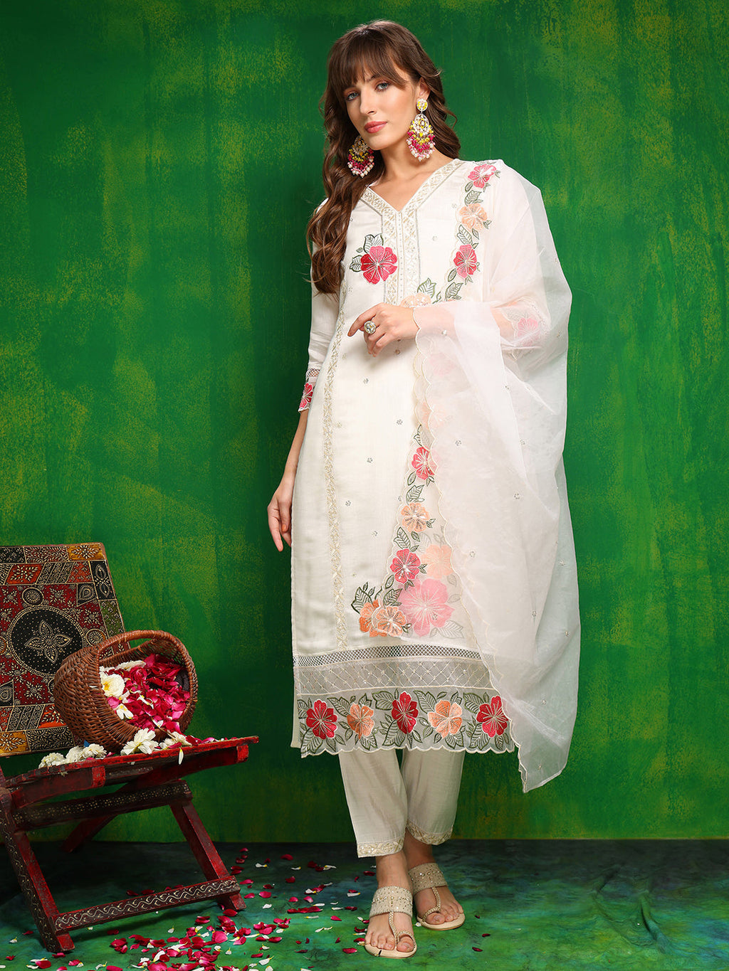 Sequined & Thread Embroidered Kurta With Pant & Embroidered Dupatta, White - Hiral Fashion | Grocsy