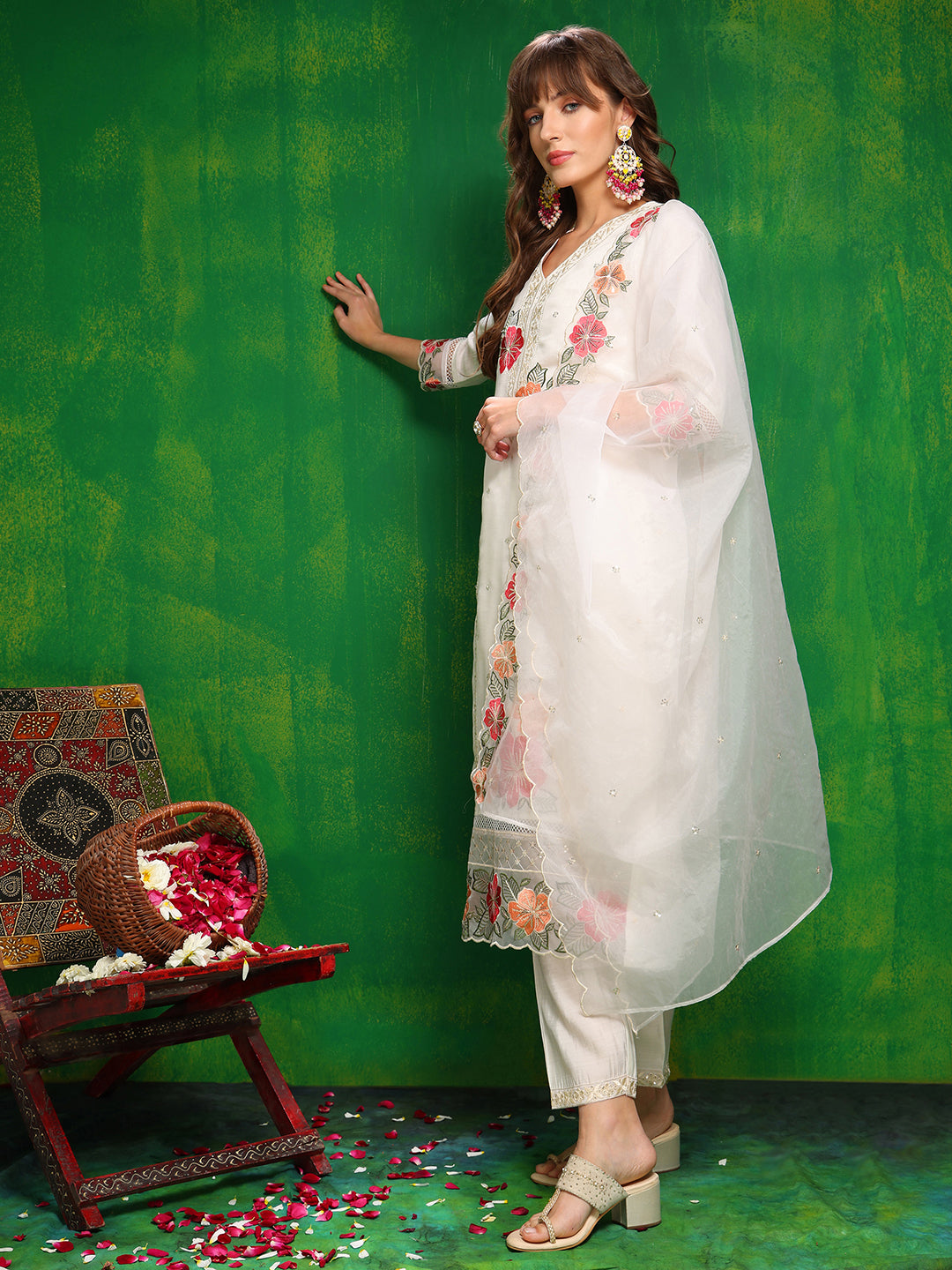 Sequined & Thread Embroidered Kurta With Pant & Embroidered Dupatta, White - Hiral Fashion | Grocsy
