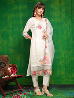 Sequined & Thread Embroidered Kurta With Pant & Embroidered Dupatta, White - Hiral Fashion | Grocsy