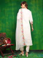 Sequined & Thread Embroidered Kurta With Pant & Embroidered Dupatta, White - Hiral Fashion | Grocsy